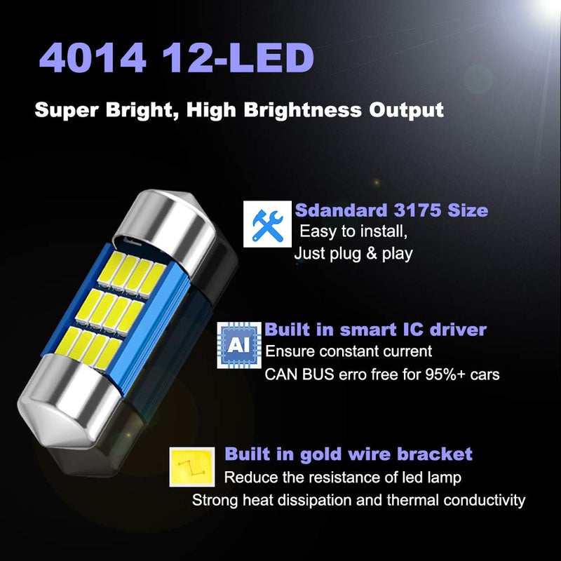XINYANG 2PCS DE3175 Festoon LED Car Bulb 31mm 1.22in Canbus No Error Extremely Bright 12SMD 4014 Chipsets DE3021 LED Lamp for License Plate Dome Map Door Courtesy Lights,White - Image 4